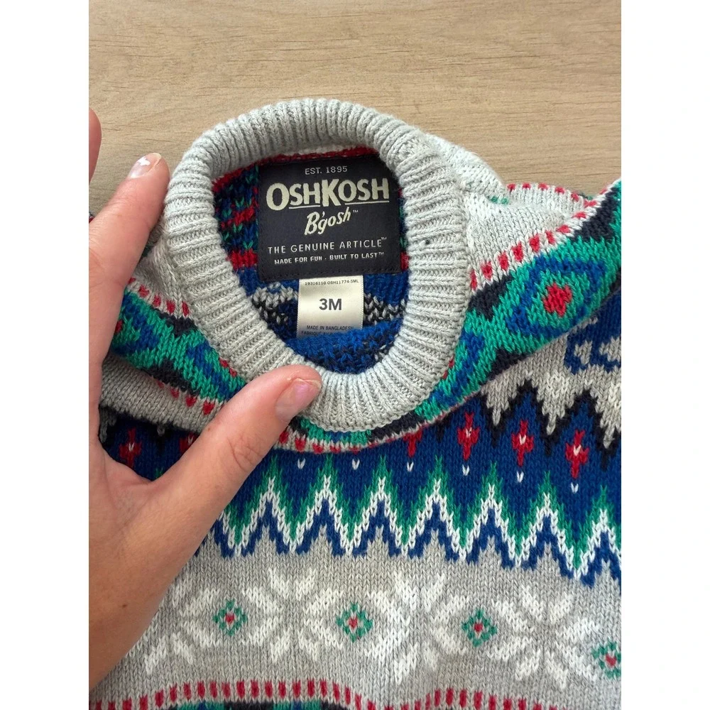OshKosh Bgosh Baby Boy Dinosaur Fair Isle Sweater Gray Blue 3M